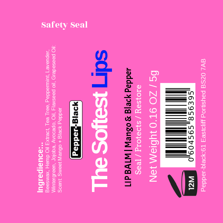 Lip balm packaging with pink background and text