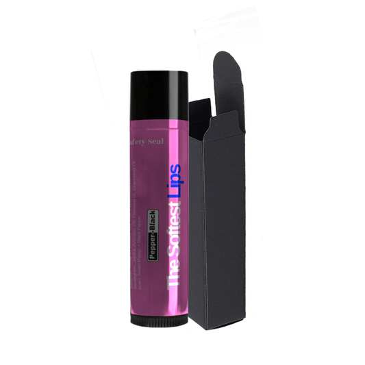 Purple lip balm with black cap and packaging on a white background