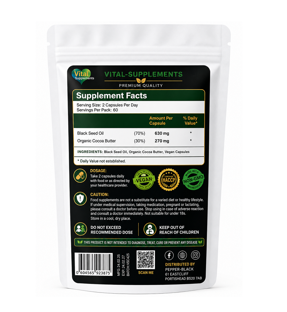A stand-up pouch of Vital-Supplements Black Seed Oil capsules on a plain white background. The packaging features a black and green label with Supplement Facts, dosage information, and certification logos.
