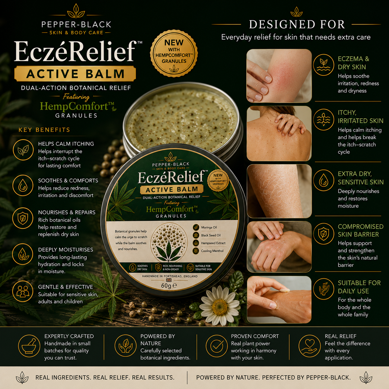Pepper-Black EceRelief Active Balm in a round metal tin, shown on a dark green promotional graphic with product details, benefits, usage images of hands, and ingredient imagery.