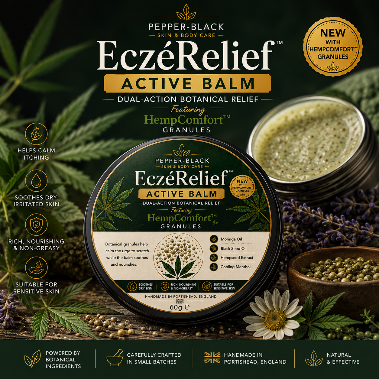 Pepper-Black EczéRelief Active Balm jar shown in a styled product graphic with surrounding botanical elements, a bowl of granules, and promotional text. The product is a round metal tin labeled 'EczéRelief Active Balm' with 'HempComfort Granules' and 'Pepper-Black Skin & Body Care' visible.