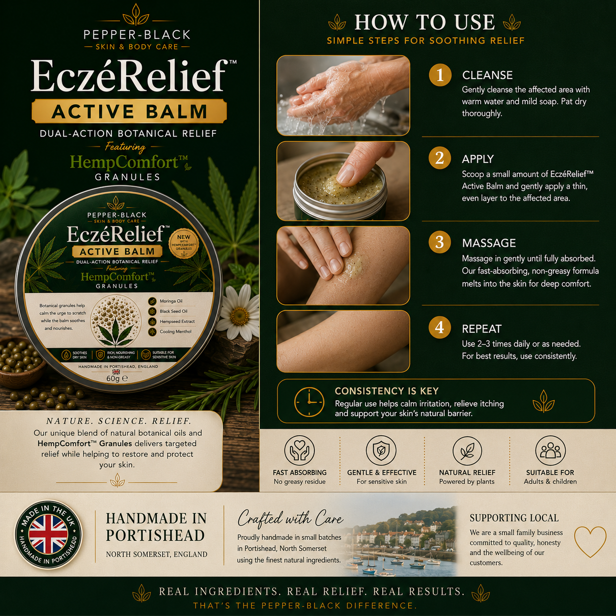 A full-page product information sheet for EczeRelief Active Balm. The left side features the product packaging, a round jar of Peppermint-Black HempComfort+ Granules, and a circular label.