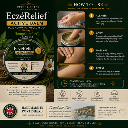 A full-page product information sheet for EczeRelief Active Balm. The left side features the product packaging, a round jar of Peppermint-Black HempComfort+ Granules, and a circular label.