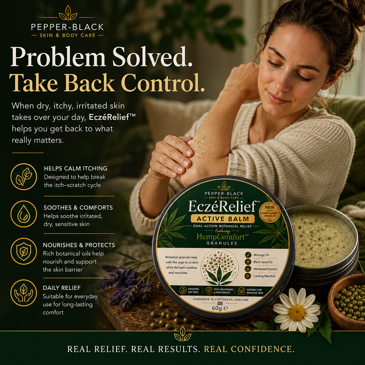 A woman in a beige sweater holds a jar of Pepper-Black Eczema Relief Active Balm next to a round tin of the same product. The ad includes product benefits text on the left and decorative flowers and herbs on a rustic surface.
