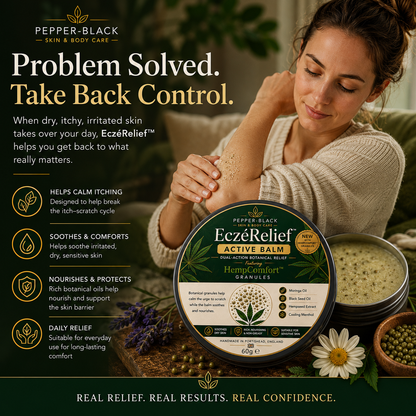 A woman in a beige sweater holds a jar of Pepper-Black Eczema Relief Active Balm next to a round tin of the same product. The ad includes product benefits text on the left and decorative flowers and herbs on a rustic surface.