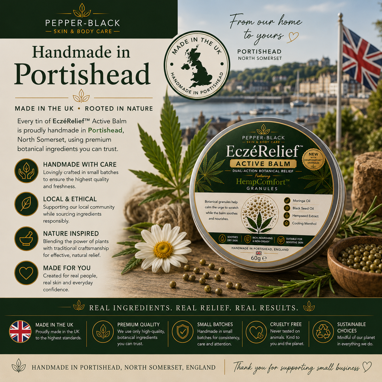 Pepper-Black EceZRelief Active Balm packaging and product presentation featuring a round tin, botanical illustrations, and a background graphic of Portishead with the UK flag.