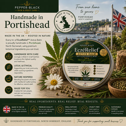 Pepper-Black EceZRelief Active Balm packaging and product presentation featuring a round tin, botanical illustrations, and a background graphic of Portishead with the UK flag.