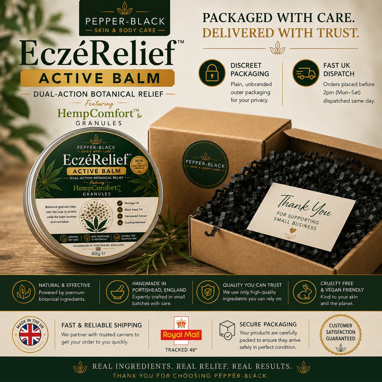 Pepper-Black Ecz Relief Active Balm packaging and product presentation on a beige promotional background, showing a round tin, a brown outer box, and a handwritten thank-you card with shipping and brand information.