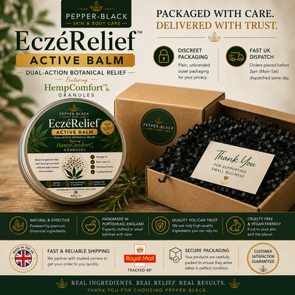 Pepper-Black Ecz Relief Active Balm packaging and product presentation on a beige promotional background, showing a round tin, a brown outer box, and a handwritten thank-you card with shipping and brand information.