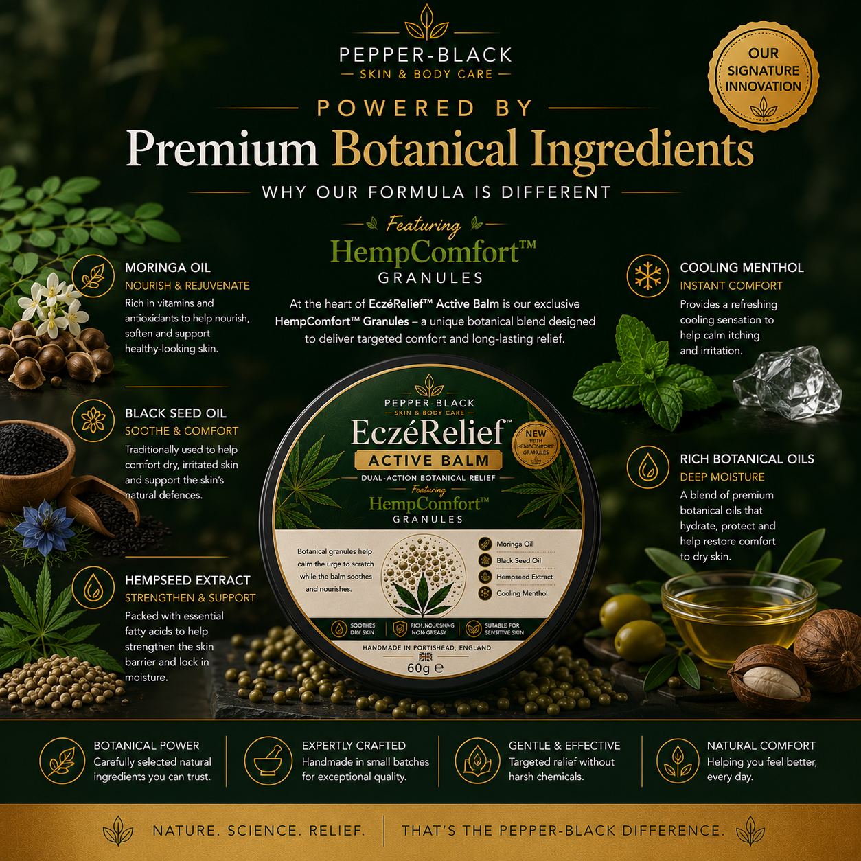 Pepper-Black EzeRelief Calm Support granules product packaging shown on a dark botanical-themed background with herbs, seeds, and oil bottles. The central label reads EzeRelief Calm Support and includes product details and ingredient callouts around it.
