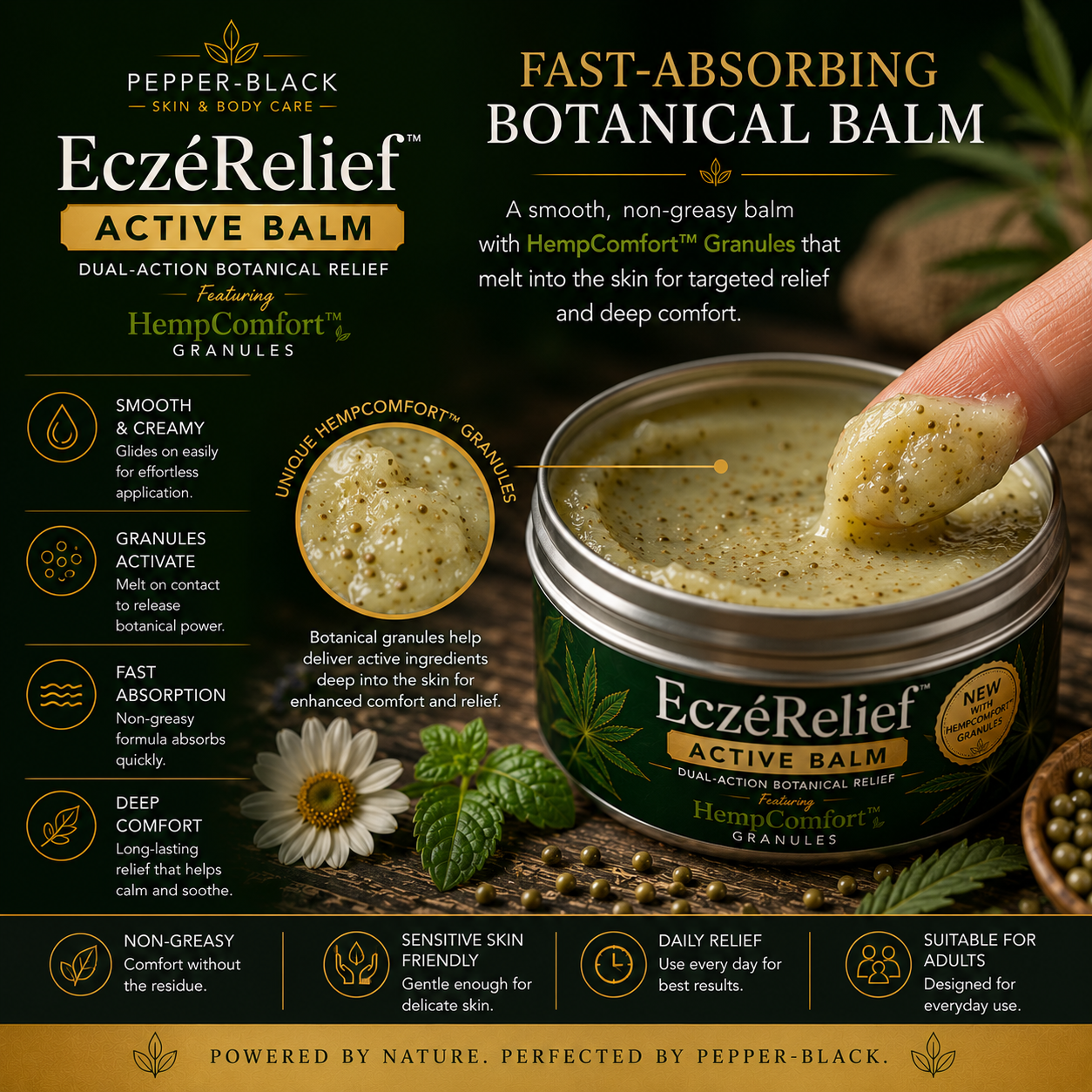 Pepper-Black EczéRelief Active Balm in a silver metal tin, with a hand lifting a dollop of the greenish-yellow balm. The image is a promotional graphic with dark green and gold text detailing product benefits, featuring a daisy flower and peppermint leaves.