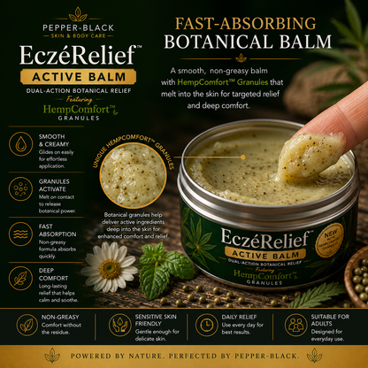 Pepper-Black EczéRelief Active Balm in a silver metal tin, with a hand lifting a dollop of the greenish-yellow balm. The image is a promotional graphic with dark green and gold text detailing product benefits, featuring a daisy flower and peppermint leaves.