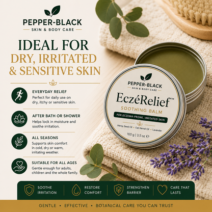 Pepper-Black EczéRelief Soothing Balm tin shown on a styled background with burlap fabric, lavender, green leaves, and a wooden brush. The ad includes product claims and usage benefits for dry, irritated, and sensitive skin.