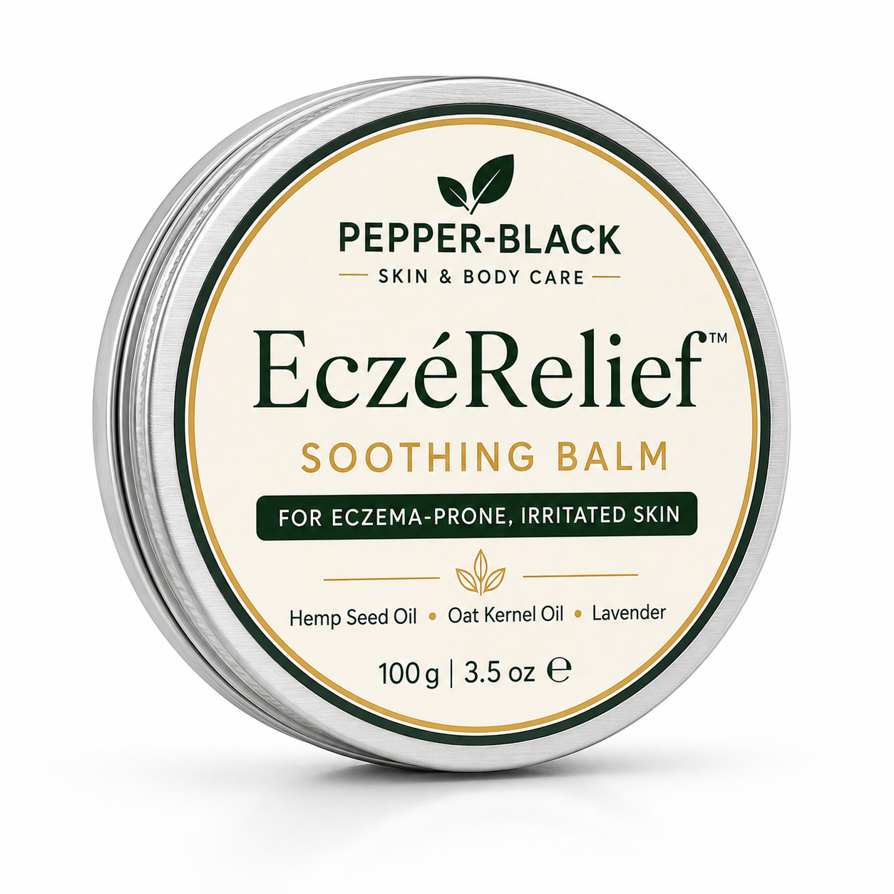 A round silver metal tin of Pepper-Black Skin & Body Care EczéRelief Soothing Balm, featuring a cream-colored label with green and gold text and graphics, set against a clean white background.