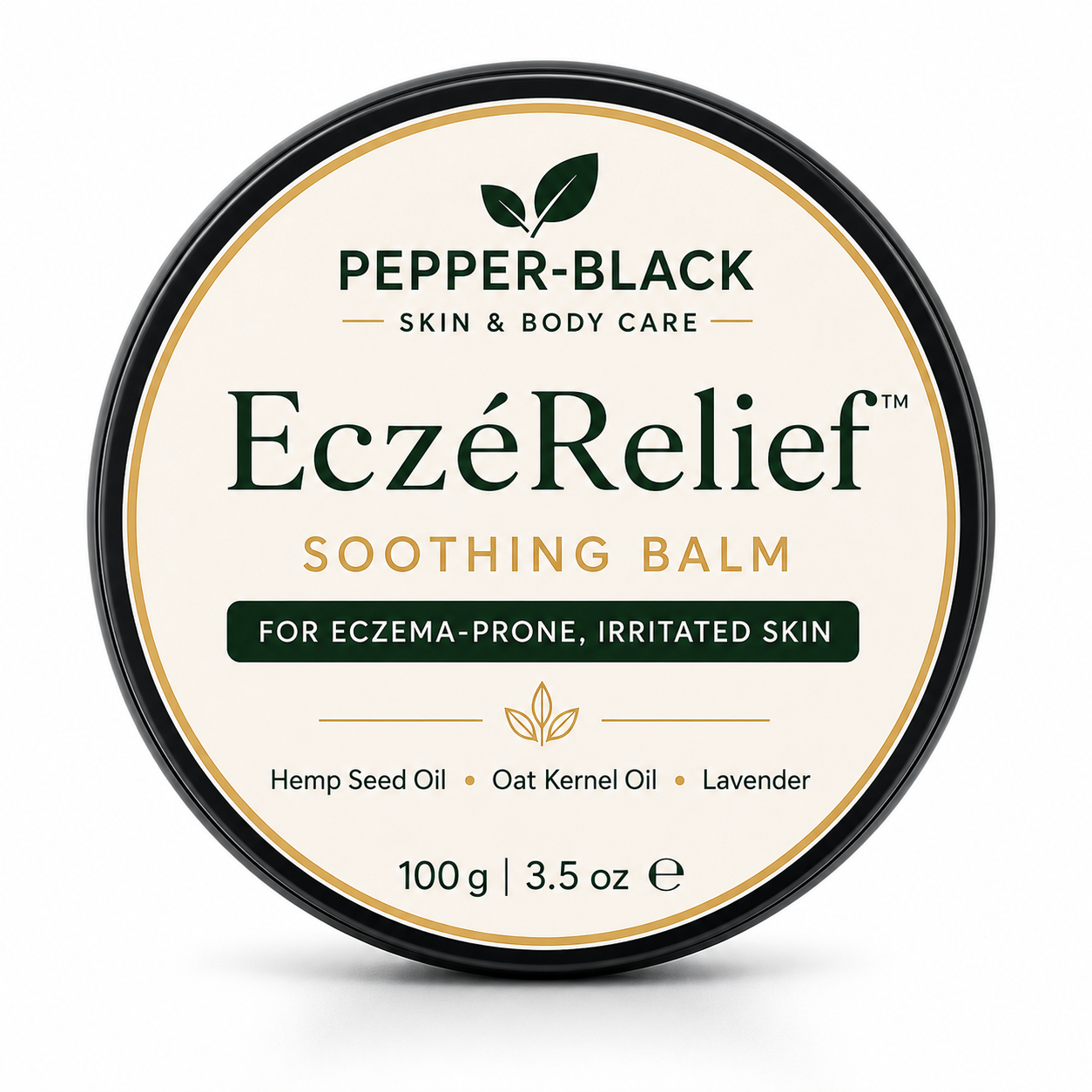 A round tin of Pepper-Black EczéRelief Soothing Balm, featuring a cream-colored label with green and gold text and a black rim, set against a plain white background.