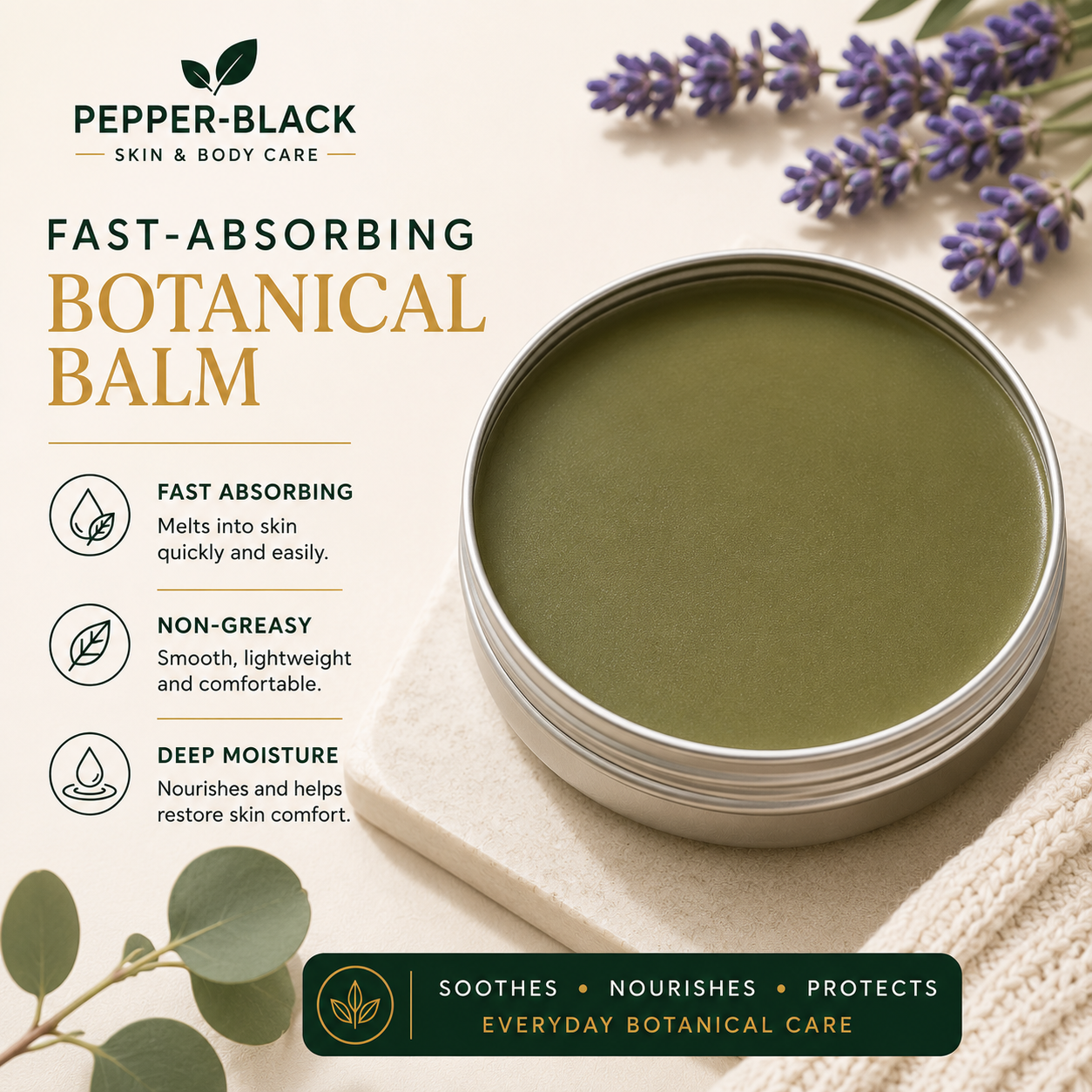 Pepper-Black Fast-Absorbing Botanical Balm in a round silver tin, displayed on a light beige textured surface with lavender and eucalyptus props. The left side features product benefits text.