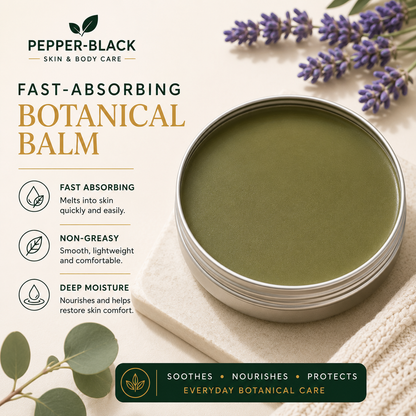 Pepper-Black Fast-Absorbing Botanical Balm in a round silver tin, displayed on a light beige textured surface with lavender and eucalyptus props. The left side features product benefits text.