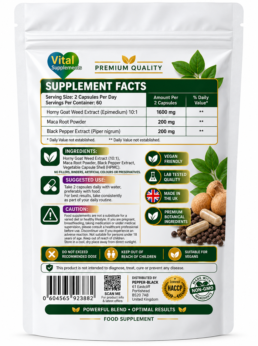 The back of a white stand-up pouch for a dietary supplement, showing detailed supplement facts, ingredients including Horny Goat Weed, Maca Root Powder, and Black Pepper Extract, along with branding and certification logos.