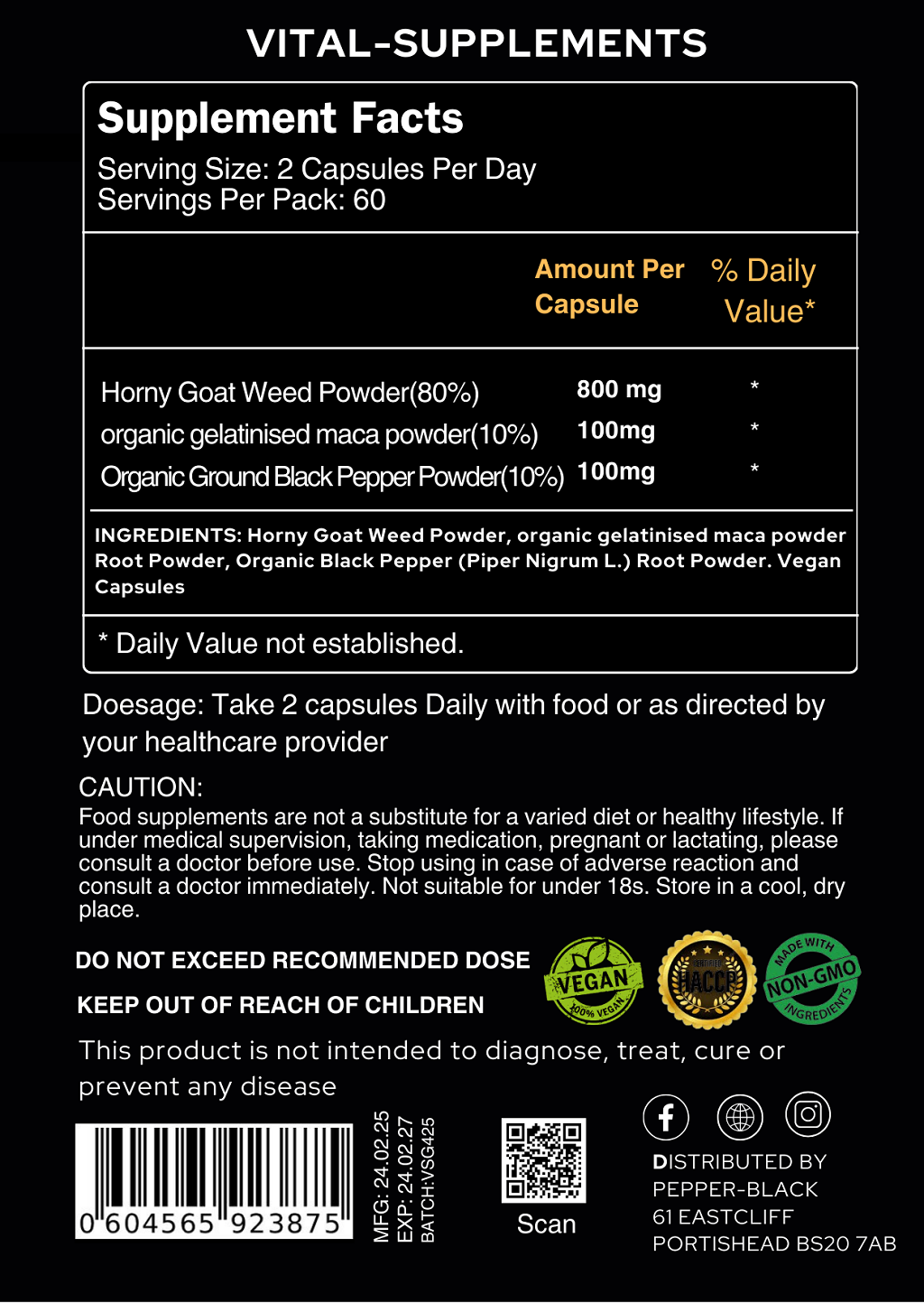 Horny Goat Weed Extract Powder 10:1 + Maca & Black Pepper | Libido Herbal Blend | Supplements