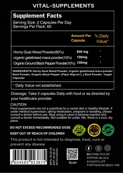 Horny Goat Weed Extract Powder 10:1 + Maca & Black Pepper | Libido Herbal Blend | Supplements