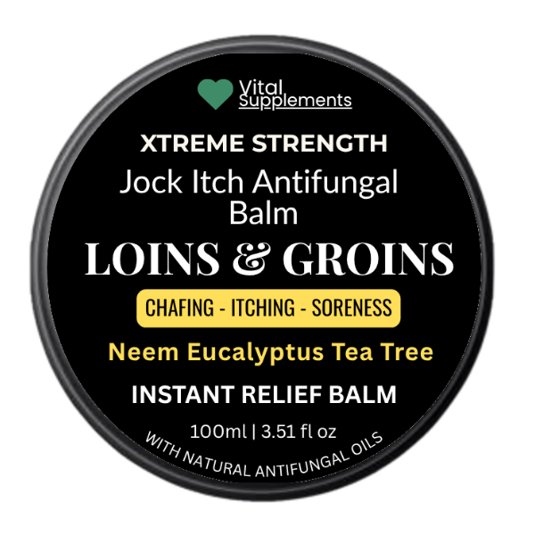 Vital Supplements Xtreme Strength Jock Itch Antifungal Balm container on a white background