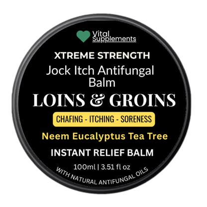 Vital Supplements Xtreme Strength Jock Itch Antifungal Balm container on a white background