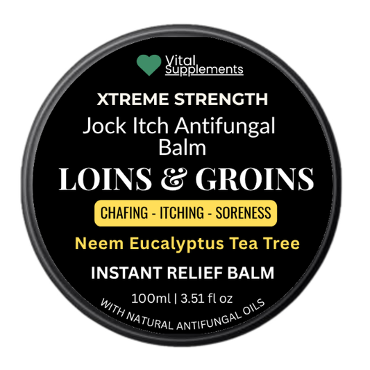 Vital Supplements Xtreme Strength Jock Itch Antifungal Balm container on a white background