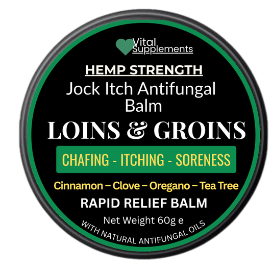 Hemp strength jock itch antifungal balm container with black and green label.