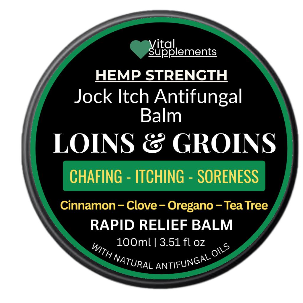 Hemp strength jock itch antifungal balm container with branding and product details.