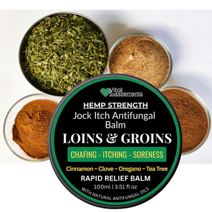 Balm container labeled 'Vital Supplements' with ingredients on a white background