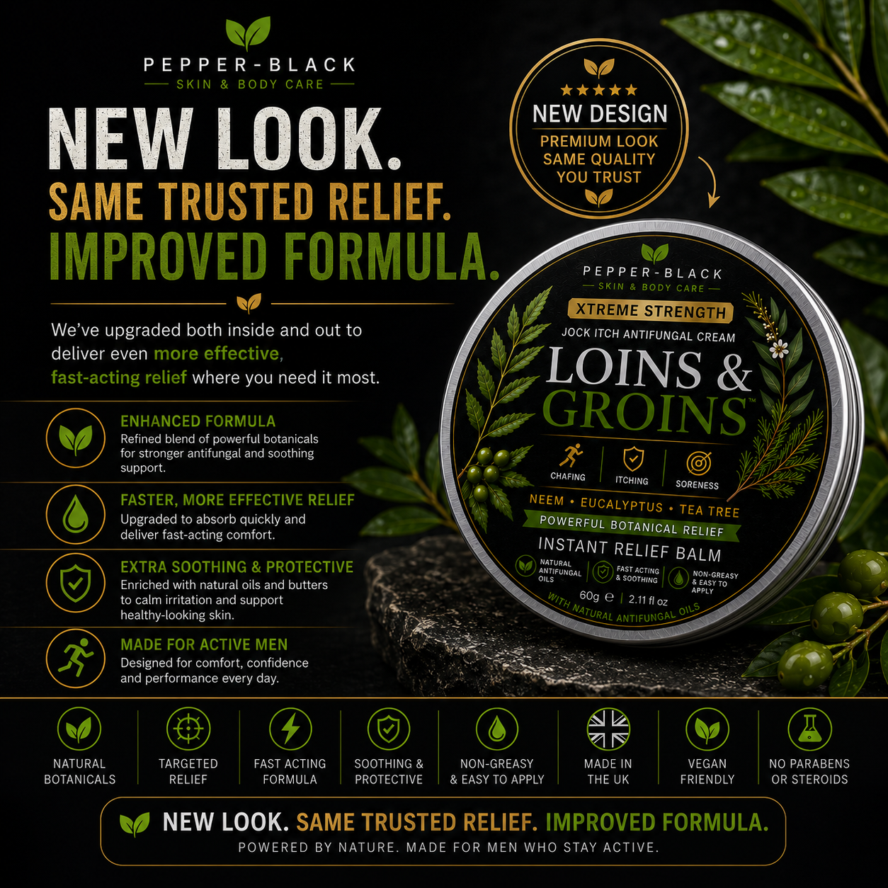 Pepper-Black Loins & Groins Instant Relief Balm packaging on a dark textured background with green botanical graphics and text highlighting improved formula and natural ingredients.