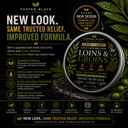 Pepper-Black Loins & Groins Instant Relief Balm packaging on a dark textured background with green botanical graphics and text highlighting improved formula and natural ingredients.