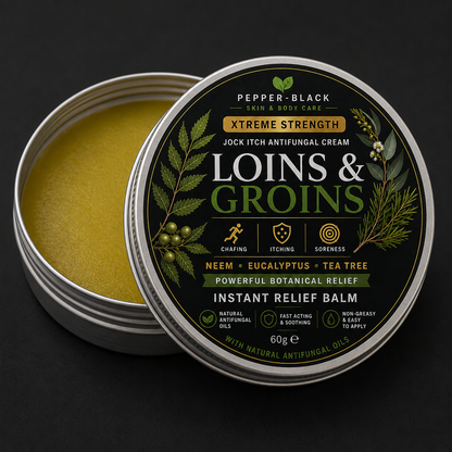 An open round metal tin of Pepper-Black Loins & Groins Instant Relief Balm, showing the yellow-green balm inside, with the branded black lid placed in front on a dark background.