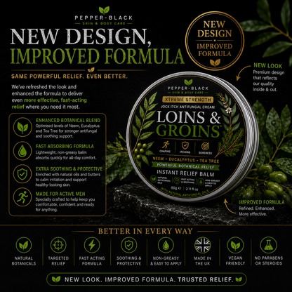 Pepper-Black Loins & Groins Instant Relief Balm tin shown on a dark textured background with promotional text and feature icons. The tin is silver with green leaf graphics and black label details.