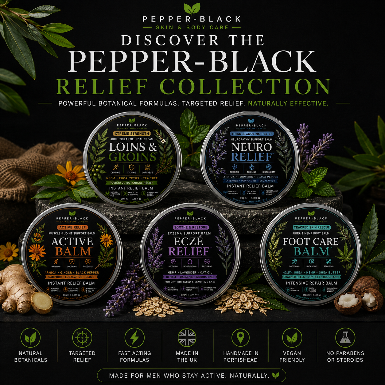 Promotional graphic for the Pepper-Black Relief Collection by Pepper-Black, showing five round balm tins arranged on a dark textured surface with botanical props. The tins are labeled Loins & Groins, Neuro Relief, Active Balm, Ecze Relief, and Foot Care Balm.