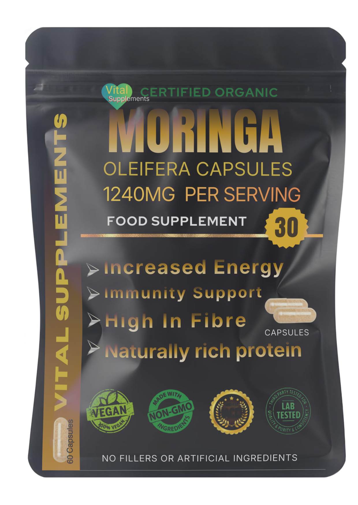 Moringa Capsules 1240mg | Organic Moringa Oleifera Leaf | Vegan | 30/60/90 | Supplements