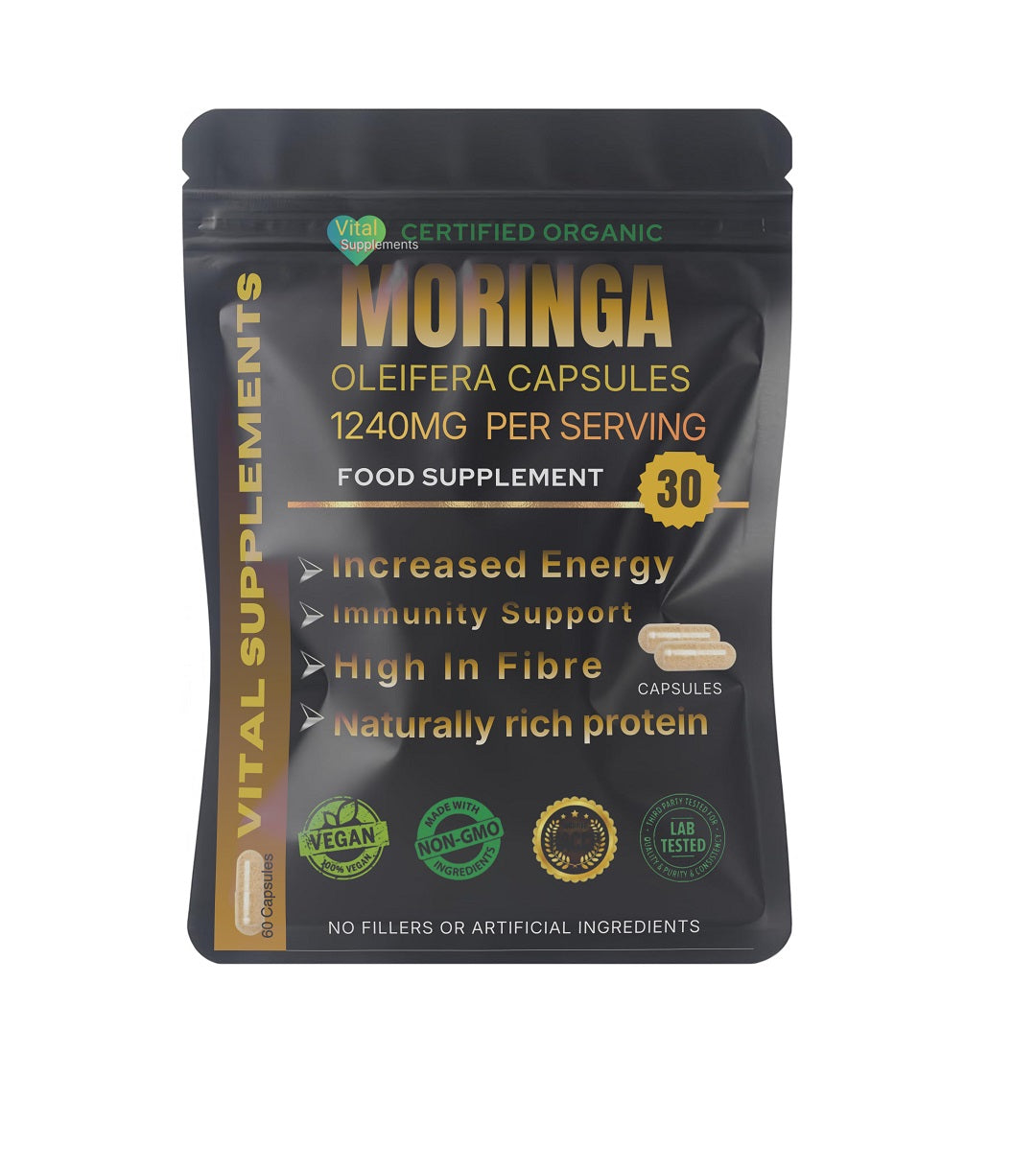 Moringa Capsules 1240mg | Organic Moringa Oleifera Leaf | Vegan | 30/60/90 | Supplements