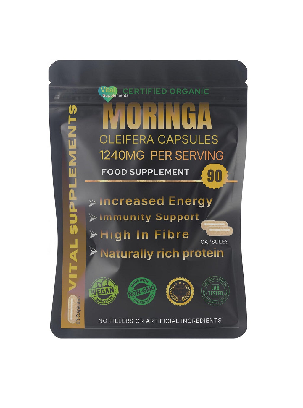Moringa Capsules 1240mg | Organic Moringa Oleifera Leaf | Vegan | 30/60/90 | Supplements