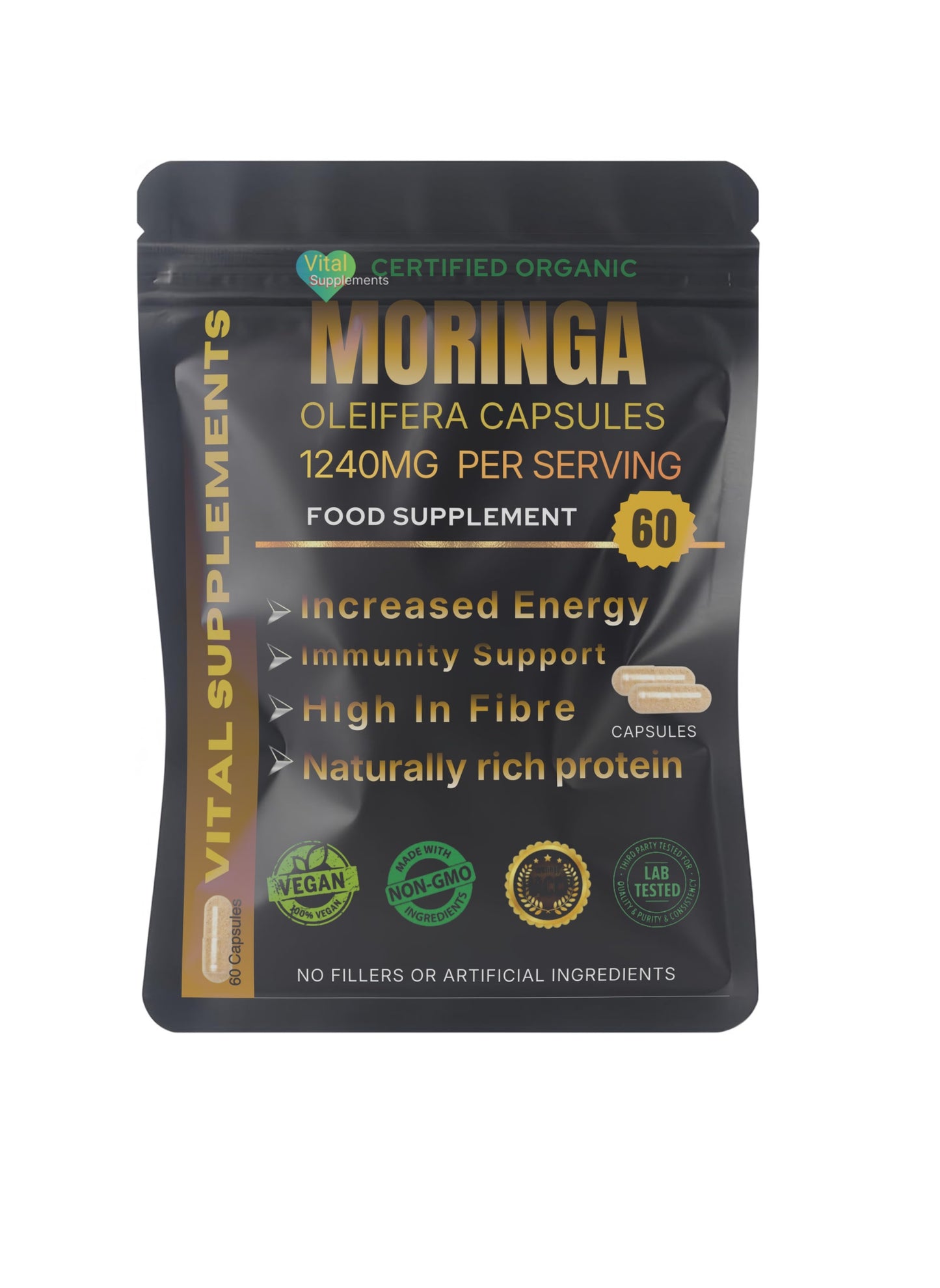 Moringa Capsules 1240mg | Organic Moringa Oleifera Leaf | Vegan | 30/60/90 | Supplements