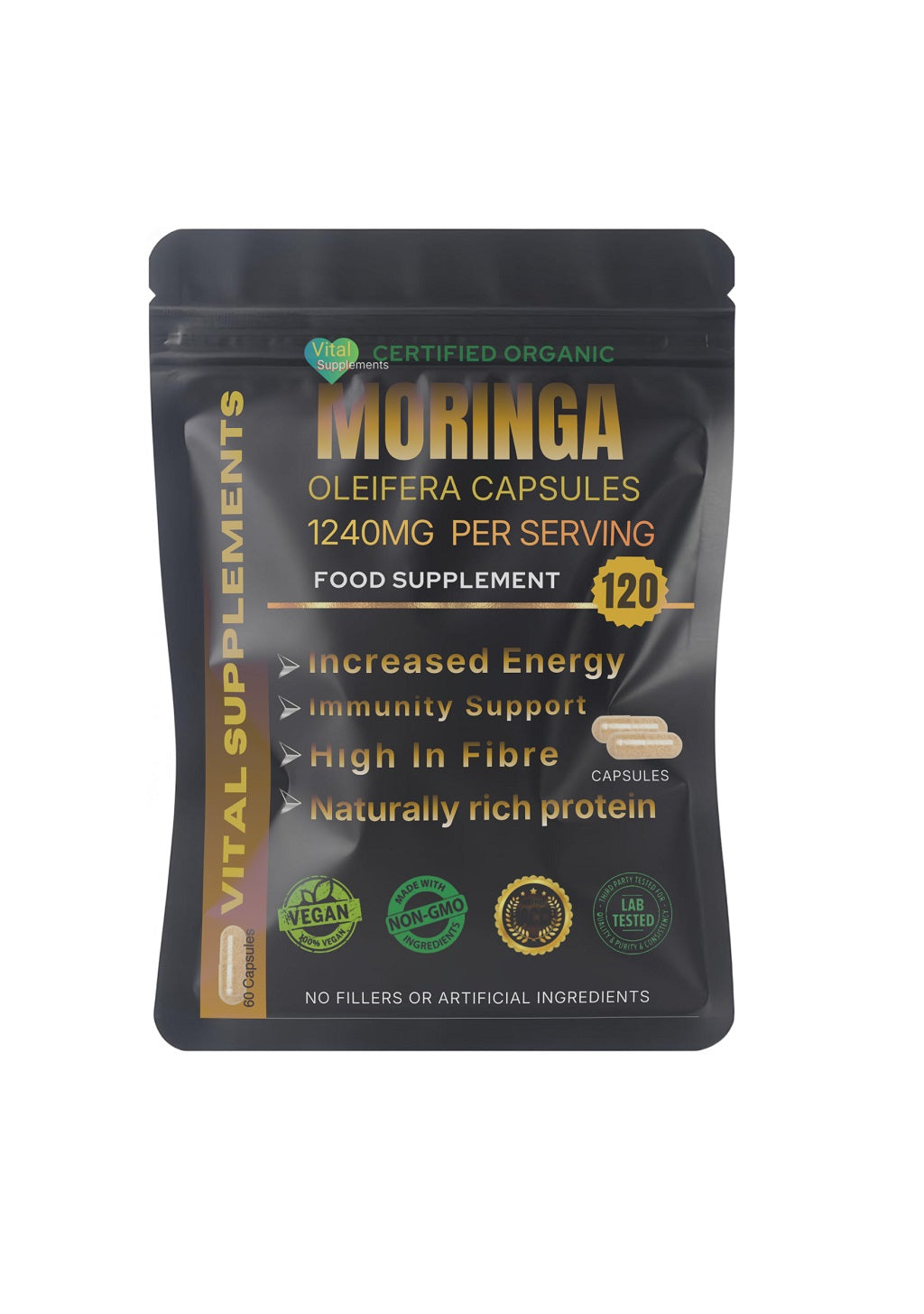 Moringa Capsules 1240mg | Organic Moringa Oleifera Leaf | Vegan | 30/60/90 | Supplements