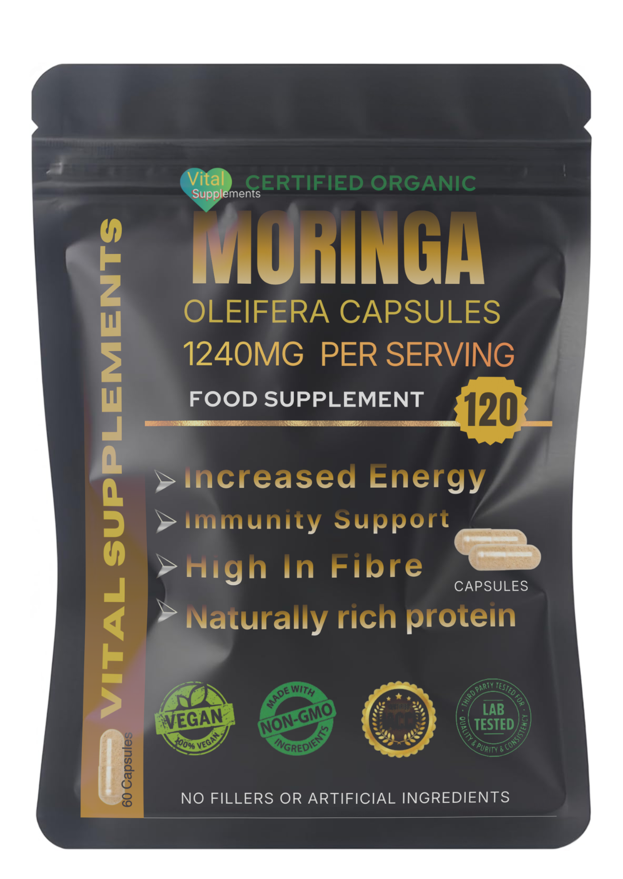 Moringa Capsules 1240mg | Organic Moringa Oleifera Leaf | Vegan | 30/60/90 | Supplements