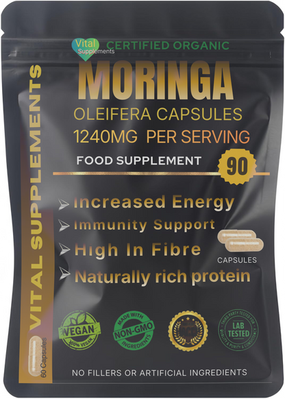 Moringa Capsules 1240mg | Organic Moringa Oleifera Leaf | Vegan | 30/60/90 | Supplements
