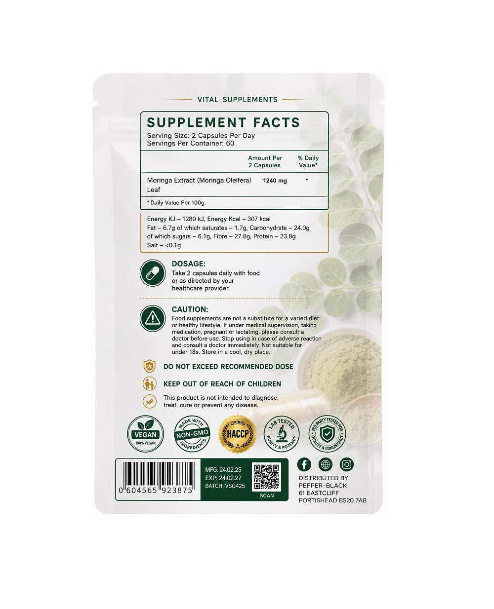 The back of a white VITAL SUPPLEMENTS supplement pouch, displaying supplement facts, dosage, warnings, and a barcode on a clean white background.
