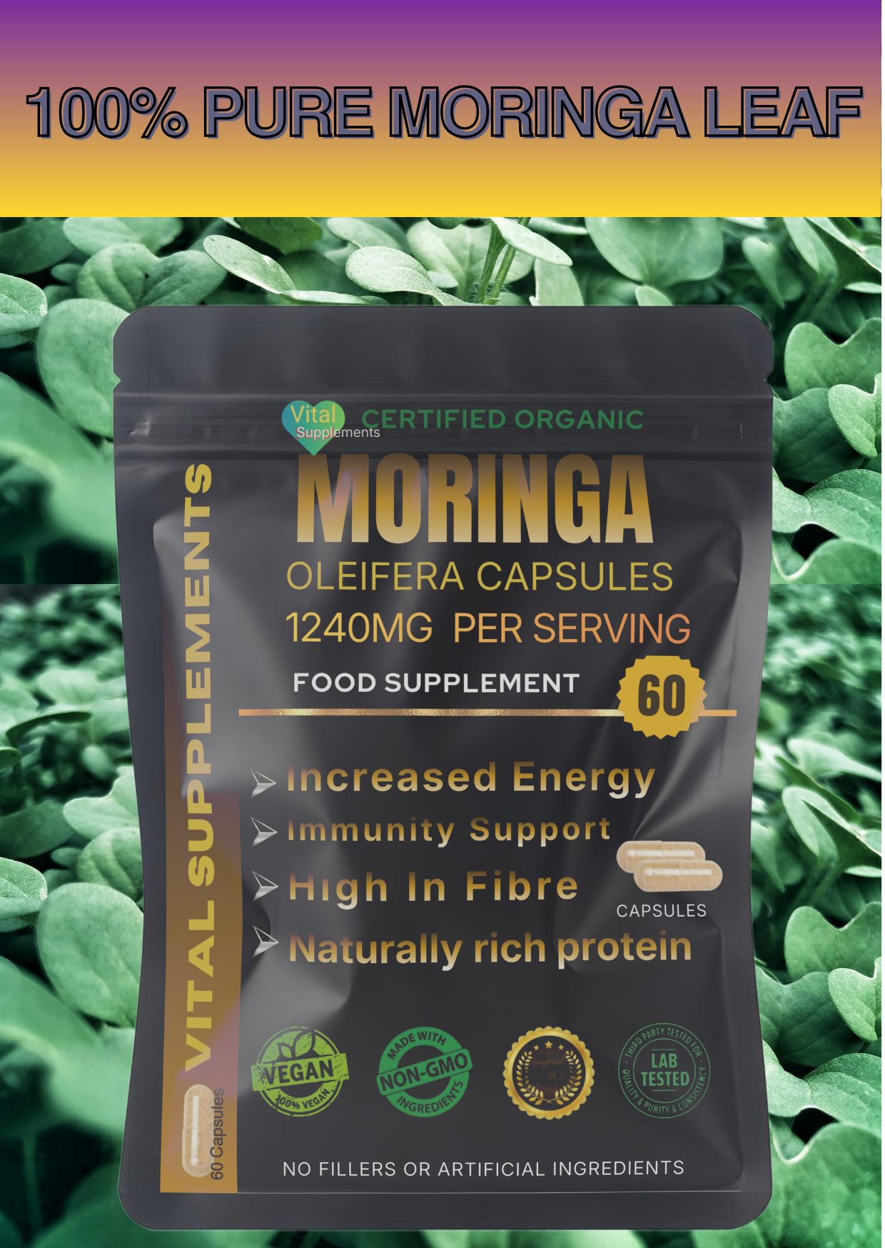Moringa Capsules 1240mg | Organic Moringa Oleifera Leaf | Vegan | 30/60/90 | Supplements