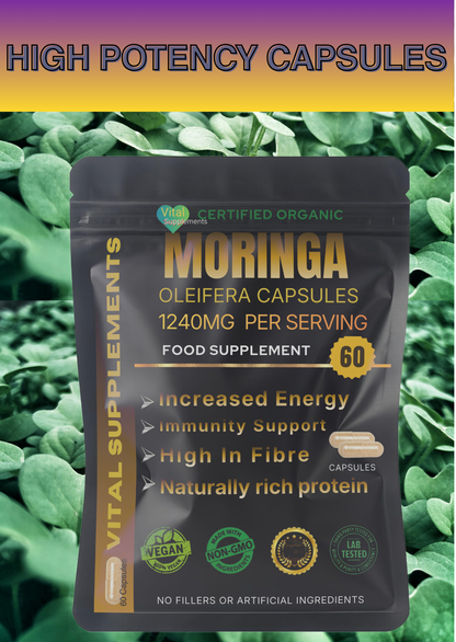 Moringa Capsules 1240mg | Organic Moringa Oleifera Leaf | Vegan | 30/60/90 | Supplements