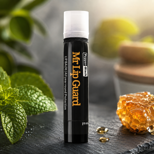A black tube of Mr. Lip Guard lip balm with a white cap, styled on a dark slate surface with mint leaves, honeycomb, and honey droplets.