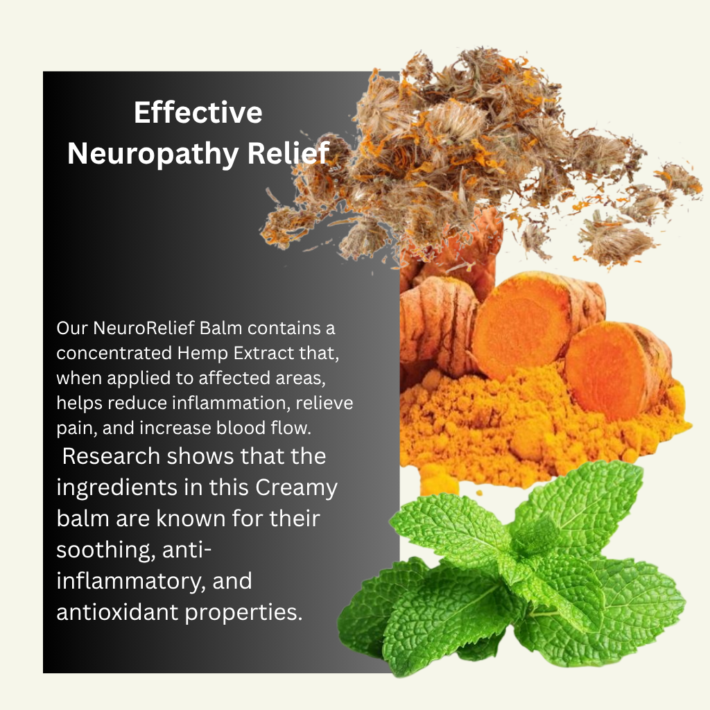 NeuroRelief Balm advertisement with hemp extract, turmeric, and mint leaves on a white background.