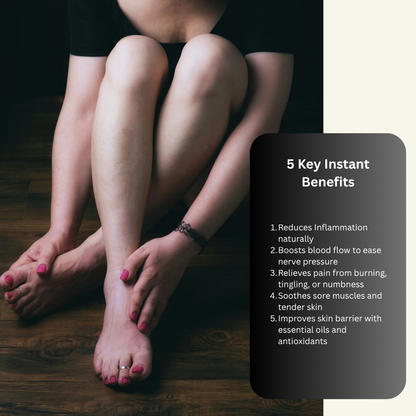 Person sitting with feet on a wooden surface, showing legs and feet with text overlay about benefits.