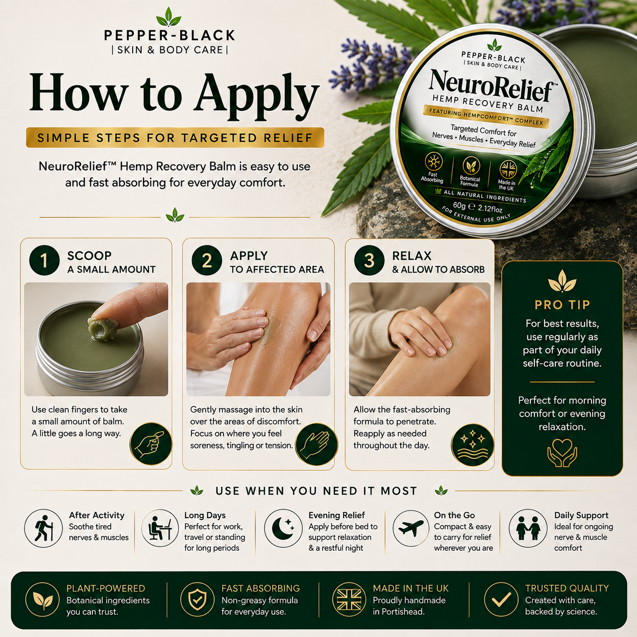 An infographic titled 'How to Apply' for Pepper-Black NeuroRelief Hemp Recovery Balm, featuring product packaging, ingredient imagery (lavender, peppermint), step-by-step application instructions with photos of hands, and usage tips on a beige and dark green background.