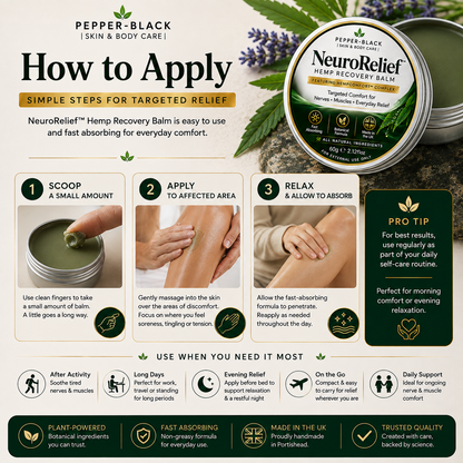An infographic titled 'How to Apply' for Pepper-Black NeuroRelief Hemp Recovery Balm, featuring product packaging, ingredient imagery (lavender, peppermint), step-by-step application instructions with photos of hands, and usage tips on a beige and dark green background.